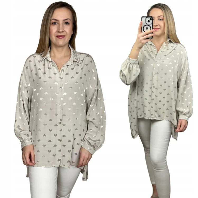 Luźna oversize koszula jedwabna jedwab serca serduszka dłuższa asymetryczna