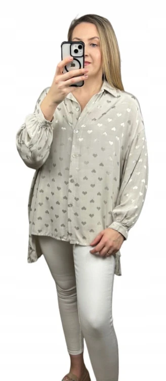 Luźna oversize koszula jedwabna jedwab serca serduszka dłuższa asymetryczna