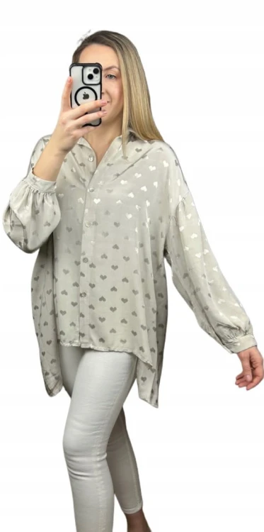 Luźna oversize koszula jedwabna jedwab serca serduszka dłuższa asymetryczna