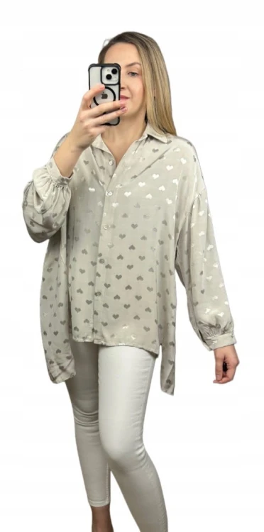 Luźna oversize koszula jedwabna jedwab serca serduszka dłuższa asymetryczna