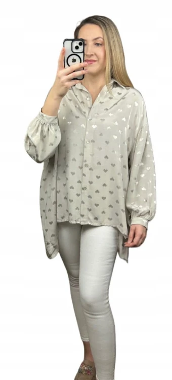 Luźna oversize koszula jedwabna jedwab serca serduszka dłuższa asymetryczna