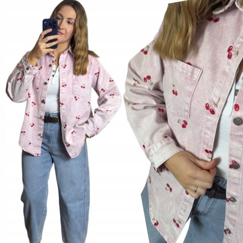 Luźna różowa katana koszula jeansowa jeans oversize wiśnie haft- CHERRY DREAM