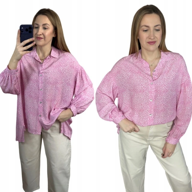 Luźna różowa koszula oversize cętki panterka 100% wiskoza kołnierzyk- PANTHER BLOOM