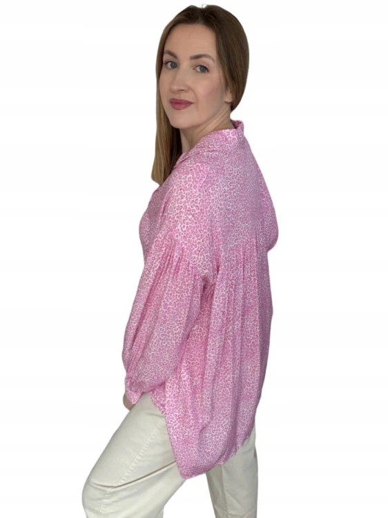 Luźna różowa koszula oversize cętki panterka 100% wiskoza kołnierzyk- PANTHER BLOOM