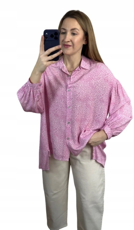 Luźna różowa koszula oversize cętki panterka 100% wiskoza kołnierzyk- PANTHER BLOOM