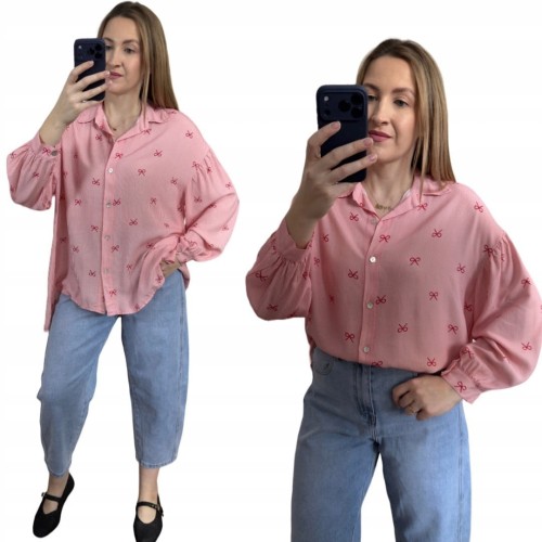 Luźna różowa koszula oversize w kokardki paski100% wiskoza kołnierzyk- LOVELY BLOOM