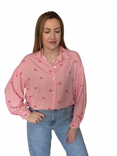 Luźna różowa koszula oversize w kokardki paski100% wiskoza kołnierzyk- LOVELY BLOOM