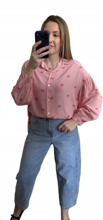 Luźna różowa koszula oversize w kokardki paski100% wiskoza kołnierzyk- LOVELY BLOOM