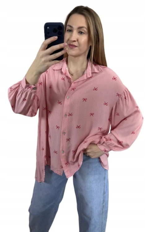 Luźna różowa koszula oversize w kokardki paski100% wiskoza kołnierzyk- LOVELY BLOOM