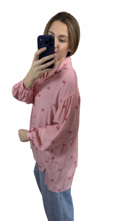 Luźna różowa koszula oversize w kokardki paski100% wiskoza kołnierzyk- LOVELY BLOOM