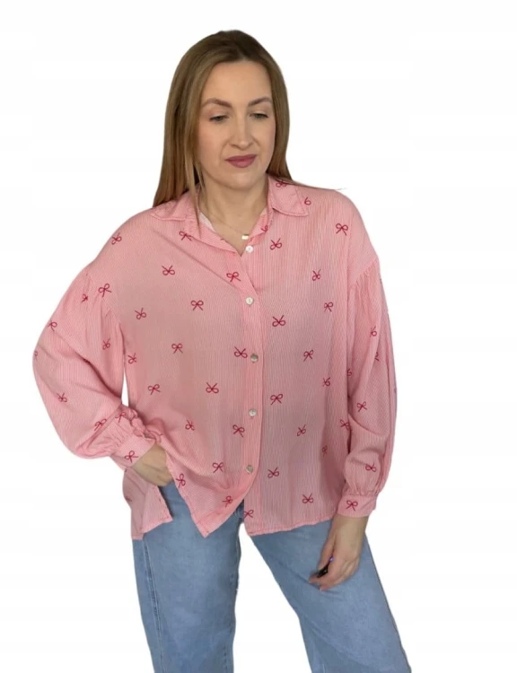 Luźna różowa koszula oversize w kokardki paski100% wiskoza kołnierzyk- LOVELY BLOOM