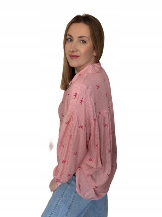Luźna różowa koszula oversize w kokardki paski100% wiskoza kołnierzyk- LOVELY BLOOM