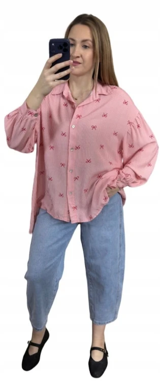 Luźna różowa koszula oversize w kokardki paski100% wiskoza kołnierzyk- LOVELY BLOOM