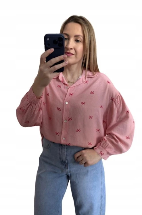 Luźna różowa koszula oversize w kokardki paski100% wiskoza kołnierzyk- LOVELY BLOOM