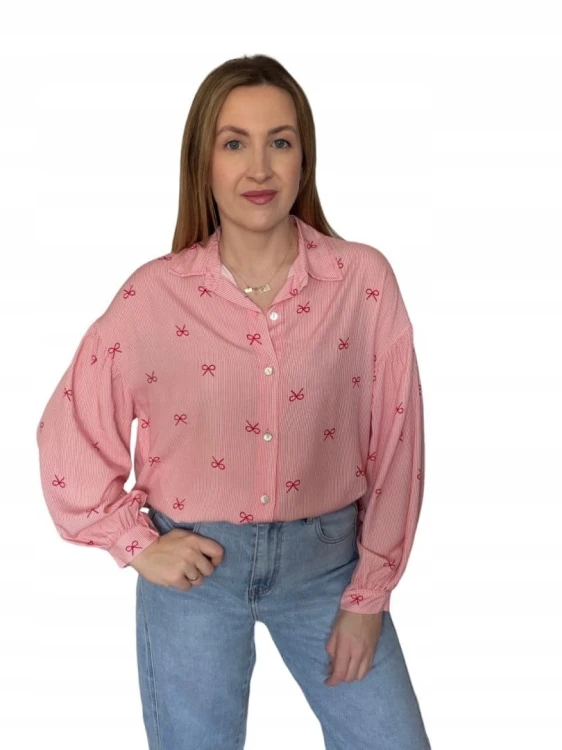Luźna różowa koszula oversize w kokardki paski100% wiskoza kołnierzyk- LOVELY BLOOM