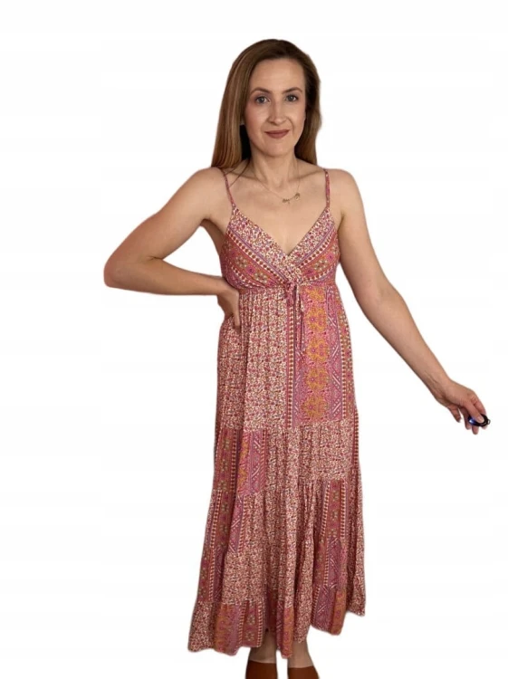 Luźna sukienka maxi długa na ramiączkach boho kwiaty lato na zakładkę M/L