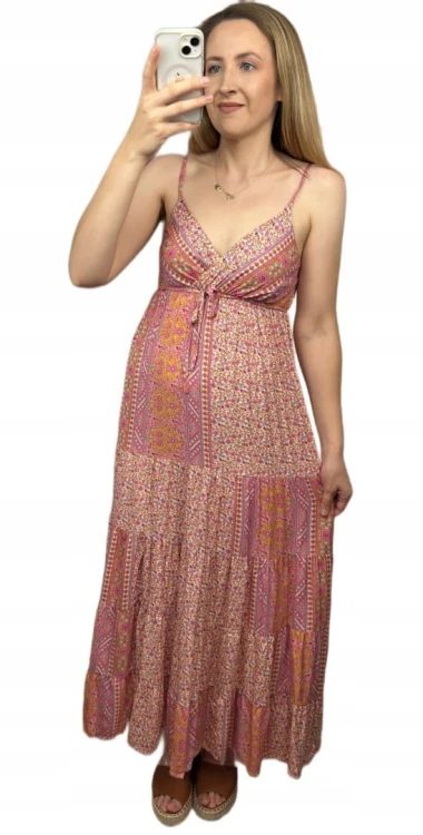 Luźna sukienka maxi długa na ramiączkach boho kwiaty lato na zakładkę M/L