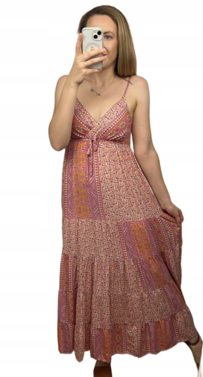 Luźna sukienka maxi długa na ramiączkach boho kwiaty lato na zakładkę M/L