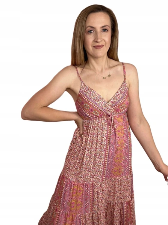 Luźna sukienka maxi długa na ramiączkach boho kwiaty lato na zakładkę M/L