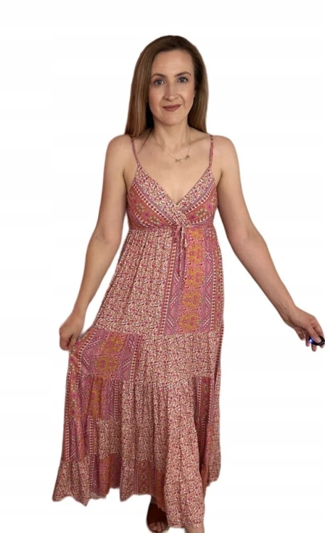 Luźna sukienka maxi długa na ramiączkach boho kwiaty lato na zakładkę M/L