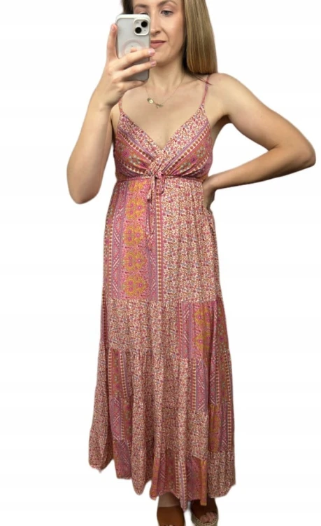 Luźna sukienka maxi długa na ramiączkach boho kwiaty lato na zakładkę M/L