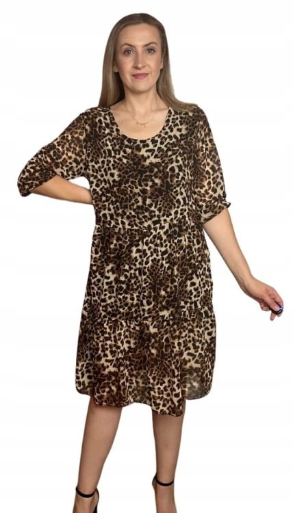 Luźna sukienka szyfonowa w panterkę cętki rękawek szyfon krótka S M L
