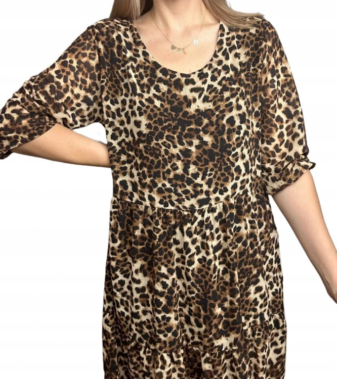 Luźna sukienka szyfonowa w panterkę cętki rękawek szyfon krótka S M L