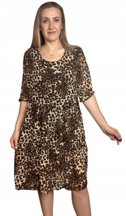 Luźna sukienka szyfonowa w panterkę cętki rękawek szyfon krótka S M L