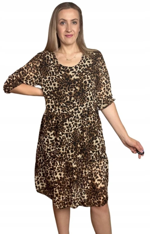 Luźna sukienka szyfonowa w panterkę cętki rękawek szyfon krótka S M L