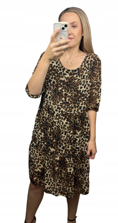 Luźna sukienka szyfonowa w panterkę cętki rękawek szyfon krótka S M L