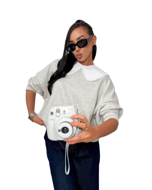 Luźna szara melanżowa bluza oversize z kołnierzem bawełniana La Milla