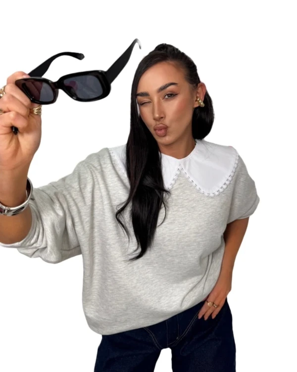 Luźna szara melanżowa bluza oversize z kołnierzem bawełniana La Milla