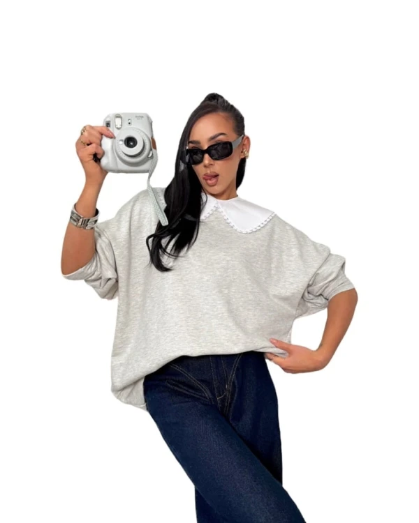 Luźna szara melanżowa bluza oversize z kołnierzem bawełniana La Milla