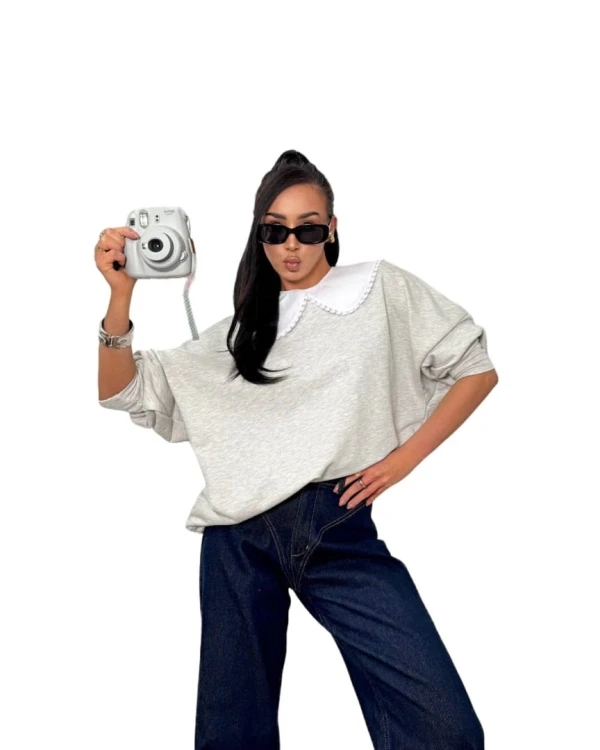 Luźna szara melanżowa bluza oversize z kołnierzem bawełniana La Milla