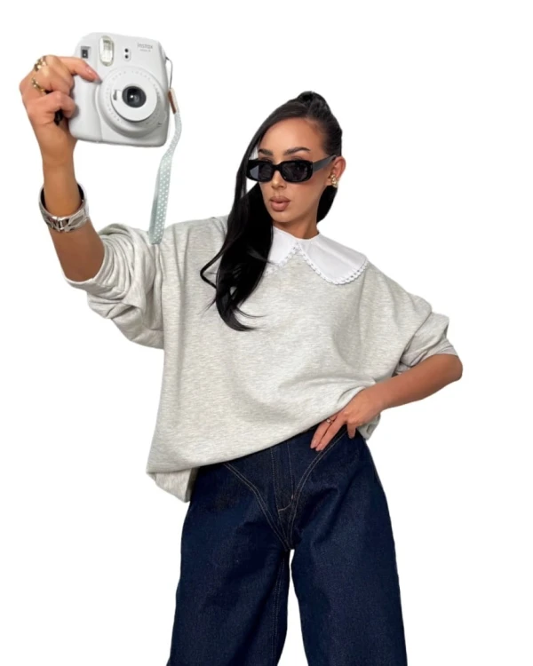 Luźna szara melanżowa bluza oversize z kołnierzem bawełniana La Milla