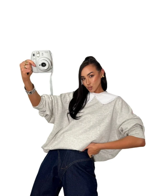 Luźna szara melanżowa bluza oversize z kołnierzem bawełniana La Milla