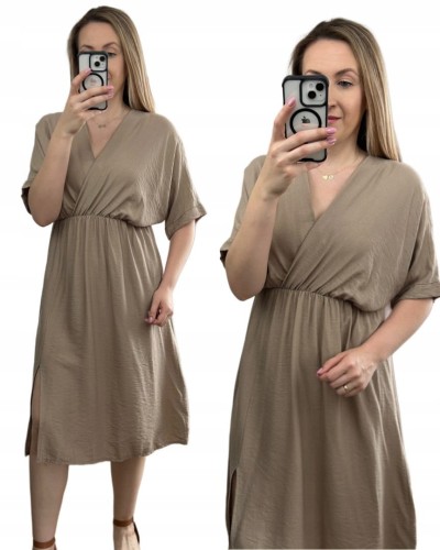 Luźna wiskozowa sukienka midi z rozcięciem kopertowy dekolt wiskoza fango