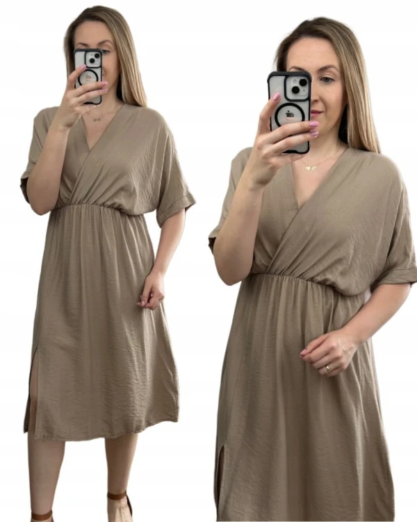 Luźna wiskozowa sukienka midi z rozcięciem kopertowy dekolt wiskoza fango