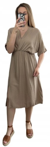 Luźna wiskozowa sukienka midi z rozcięciem kopertowy dekolt wiskoza fango