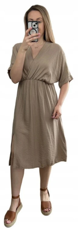 Luźna wiskozowa sukienka midi z rozcięciem kopertowy dekolt wiskoza fango