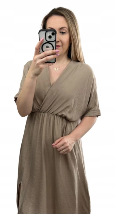 Luźna wiskozowa sukienka midi z rozcięciem kopertowy dekolt wiskoza fango