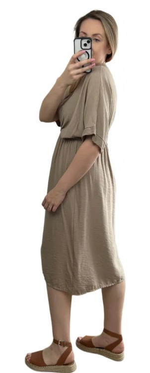 Luźna wiskozowa sukienka midi z rozcięciem kopertowy dekolt wiskoza fango