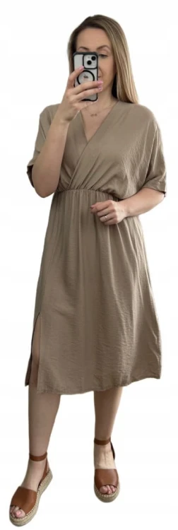 Luźna wiskozowa sukienka midi z rozcięciem kopertowy dekolt wiskoza fango