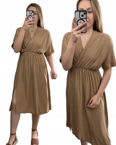 Luźna wiskozowa sukienka midi z rozcięciem kopertowy dekolt wiskoza karmel