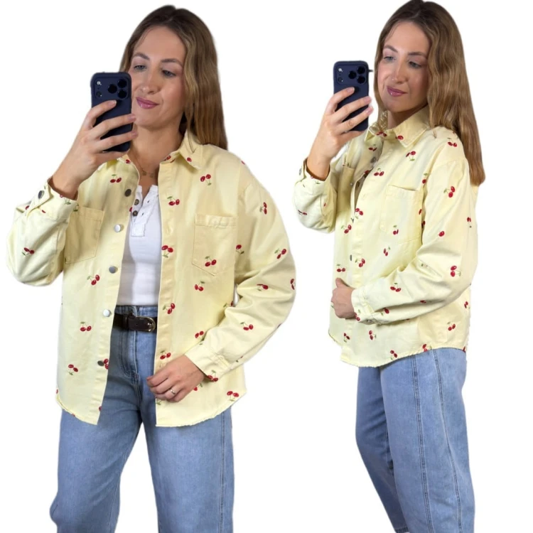 Luźna żółta katana koszula jeansowa jeans oversize wiśnie haft- CHERRY DREAM
