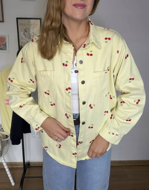 Luźna żółta katana koszula jeansowa jeans oversize wiśnie haft- CHERRY DREAM
