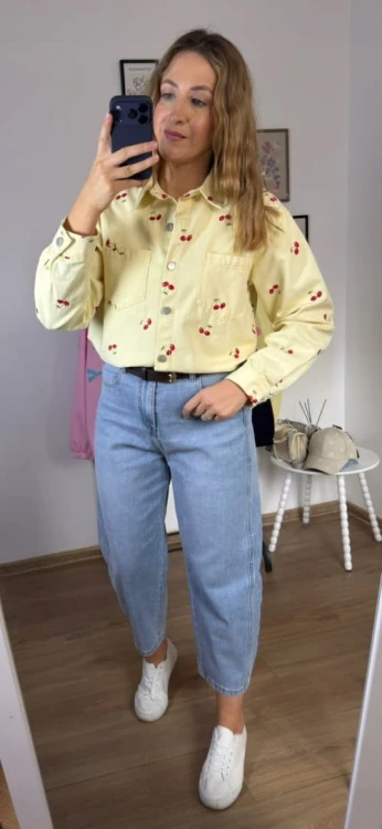 Luźna żółta katana koszula jeansowa jeans oversize wiśnie haft- CHERRY DREAM