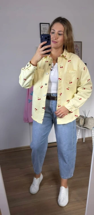 Luźna żółta katana koszula jeansowa jeans oversize wiśnie haft- CHERRY DREAM