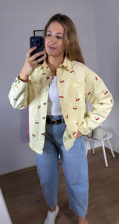 Luźna żółta katana koszula jeansowa jeans oversize wiśnie haft- CHERRY DREAM