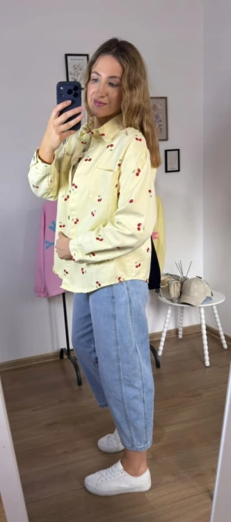Luźna żółta katana koszula jeansowa jeans oversize wiśnie haft- CHERRY DREAM
